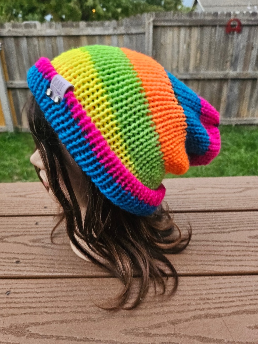 Handmade Rainbow Striped Slouchy Beanie Hat Neon Colorful Knit Cap